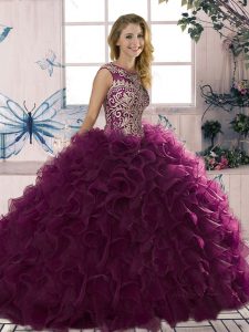 Extravagant Sleeveless Organza Floor Length Lace Up Quince Ball Gowns in Dark Purple with Beading and Ruffles