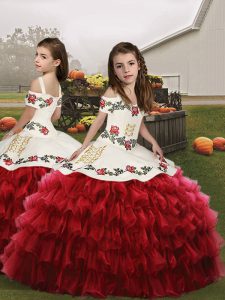 Simple Red Straps Lace Up Embroidery and Ruffled Layers Child Pageant Dress Sleeveless