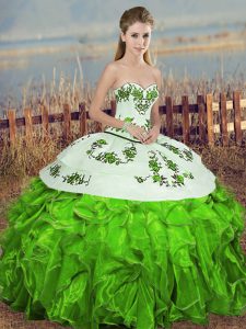 Green Quinceanera Gowns Military Ball and Sweet 16 and Quinceanera with Embroidery and Ruffles and Bowknot Sweetheart Sleeveless Lace Up
