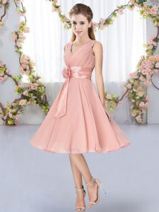 Artistic Knee Length Pink Damas Dress Chiffon Sleeveless Hand Made Flower