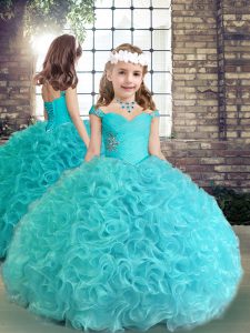 Hot Sale Sleeveless Fabric With Rolling Flowers Floor Length Lace Up Little Girls Pageant Dress Wholesale in Aqua Blue with Beading and Ruching