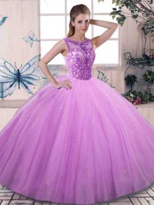 Cheap Floor Length Lilac Quince Ball Gowns Tulle Sleeveless Beading