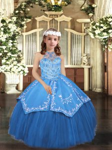 Perfect Sleeveless Tulle Floor Length Lace Up Little Girl Pageant Dress in Blue with Embroidery