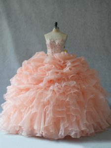 Extravagant Strapless Sleeveless Lace Up Quinceanera Dresses Peach Organza