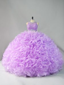 Clearance Sleeveless Organza Floor Length Zipper 15 Quinceanera Dress in Lavender with Beading and Ruffles