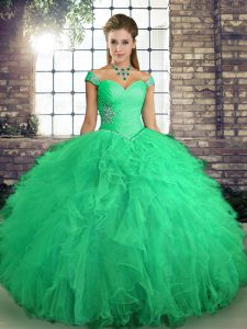 New Arrival Turquoise Sweet 16 Quinceanera Dress Military Ball and Sweet 16 and Quinceanera with Beading and Ruffles Off The Shoulder Sleeveless Lace Up