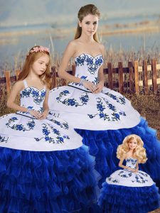 Royal Blue Lace Up Sweetheart Embroidery and Ruffled Layers and Bowknot Sweet 16 Dress Organza Sleeveless