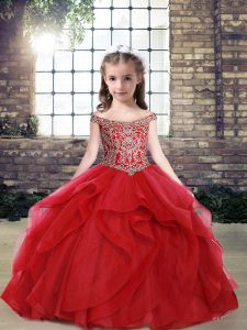 Beauteous Sleeveless Tulle Floor Length Lace Up Little Girl Pageant Gowns in Red with Beading and Ruffles