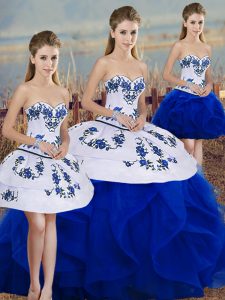 Floor Length Royal Blue Vestidos de Quinceanera Tulle Sleeveless Embroidery and Ruffles and Bowknot