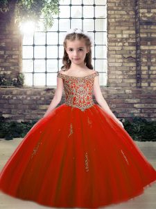 Unique Red Off The Shoulder Neckline Beading and Appliques Little Girls Pageant Gowns Sleeveless Lace Up