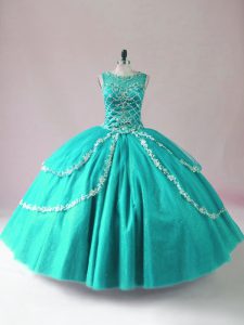 Custom Fit Turquoise Tulle Zipper Quinceanera Gowns Sleeveless Floor Length Beading