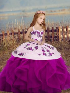 Pretty Fuchsia Lace Up Straps Sleeveless Floor Length Pageant Gowns For Girls Embroidery and Ruffles
