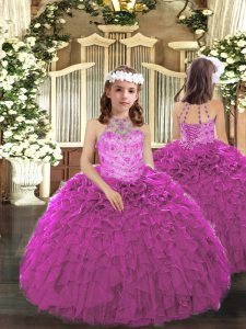 Popular Tulle Halter Top Sleeveless Lace Up Beading and Ruffles Little Girl Pageant Gowns in Fuchsia