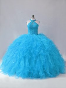 Trendy Blue Ball Gowns Tulle Halter Top Sleeveless Beading and Ruffles Floor Length Lace Up Quinceanera Gowns