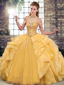 Perfect Gold Organza Lace Up 15th Birthday Dress Sleeveless Floor Length Beading and Ruffles