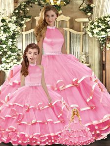 Amazing Organza Sleeveless Floor Length 15th Birthday Dress and Beading and Ruffled Layers