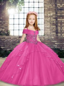 On Sale Tulle Straps Sleeveless Lace Up Beading Pageant Dress for Teens in Hot Pink