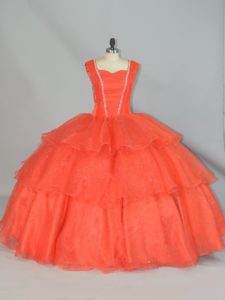 Enchanting Sleeveless Organza Floor Length Lace Up Sweet 16 Quinceanera Dress in Orange Red with Beading and Ruffled Layers