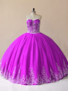 Glittering Purple Sweetheart Neckline Embroidery Quince Ball Gowns Sleeveless Lace Up