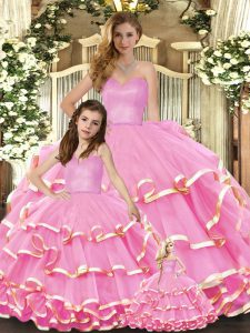 Spectacular Rose Pink Sleeveless Floor Length Ruffled Layers Lace Up Sweet 16 Dress