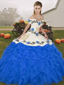 On Sale Off The Shoulder Sleeveless Quinceanera Gown Floor Length Embroidery and Ruffles Royal Blue Organza