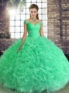 Off The Shoulder Sleeveless Lace Up Quince Ball Gowns Turquoise Fabric With Rolling Flowers