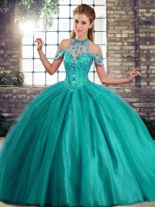 Free and Easy Turquoise Ball Gowns Tulle Halter Top Sleeveless Beading Lace Up 15th Birthday Dress Brush Train