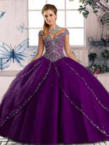 Elegant Purple Sweetheart Lace Up Beading Quinceanera Gown Brush Train Cap Sleeves