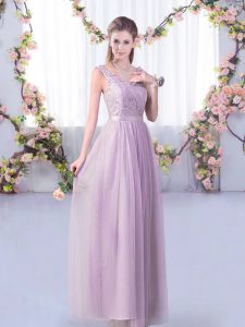 Enchanting V-neck Sleeveless Side Zipper Dama Dress for Quinceanera Lavender Tulle