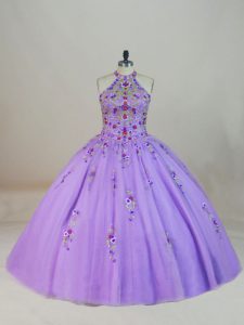 Dazzling Lavender Quinceanera Gowns Sweet 16 and Quinceanera with Beading and Embroidery Halter Top Sleeveless Brush Train Lace Up