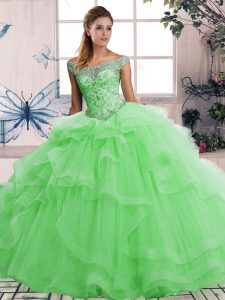 Discount Green Sweet 16 Dresses Military Ball and Sweet 16 and Quinceanera with Beading and Ruffles Off The Shoulder Sleeveless Lace Up