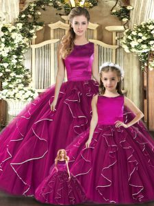 Lovely Fuchsia Sleeveless Floor Length Ruffles Lace Up Sweet 16 Dress