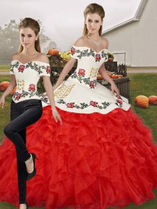 Elegant White And Red Sleeveless Organza Lace Up 15 Quinceanera Dress for Military Ball and Sweet 16 and Quinceanera