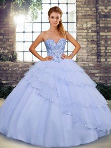 Sleeveless Tulle Brush Train Lace Up Sweet 16 Dresses in Lavender with Beading and Ruffled Layers