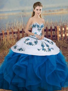 Blue And White Ball Gowns Embroidery and Ruffles and Bowknot Quinceanera Gown Lace Up Tulle Sleeveless Floor Length