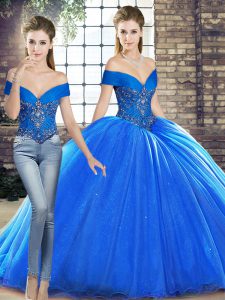 Pretty Royal Blue Organza Lace Up Sweet 16 Dress Sleeveless Brush Train Beading