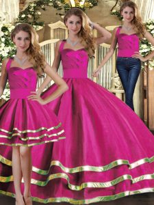 Fashion Floor Length Three Pieces Sleeveless Fuchsia 15 Quinceanera Dress Lace Up