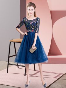 Fabulous Navy Blue Empire Tulle Scoop Half Sleeves Embroidery Knee Length Lace Up Quinceanera Dama Dress