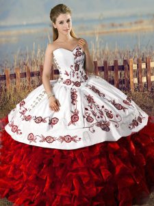 Simple Sleeveless Floor Length Embroidery and Ruffles Lace Up Sweet 16 Dresses with White And Red