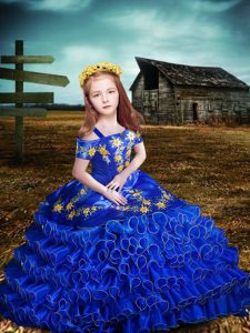 Glamorous Short Sleeves Organza Floor Length Lace Up Kids Formal Wear in Royal Blue with Embroidery and Ruffled Layers