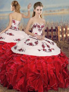 White And Red Sleeveless Floor Length Embroidery and Ruffles Lace Up Quince Ball Gowns
