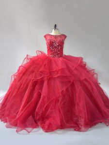 Scoop Sleeveless Organza Ball Gown Prom Dress Beading and Ruffles Brush Train Lace Up
