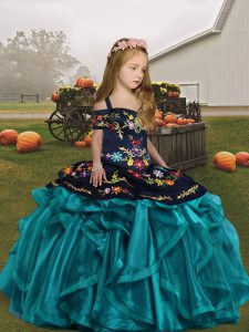 Enchanting Teal Straps Lace Up Embroidery and Ruffles Kids Formal Wear Sleeveless