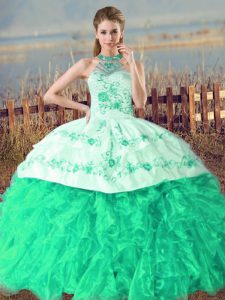 Luxurious Halter Top Sleeveless Organza Sweet 16 Dress Embroidery and Ruffles Court Train Lace Up