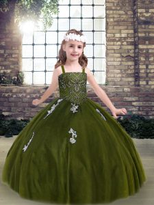 Olive Green Tulle Lace Up Strapless Sleeveless Floor Length Little Girls Pageant Dress Wholesale Appliques