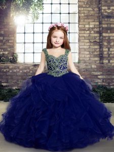 Ideal Sleeveless Floor Length Beading and Ruffles Lace Up Child Pageant Dress with Blue