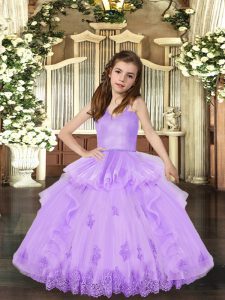 Straps Sleeveless Pageant Dress Toddler Floor Length Appliques Lavender Tulle