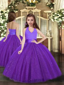 Floor Length Purple Little Girls Pageant Gowns Tulle Sleeveless Ruching