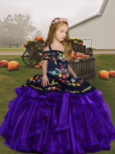 Sophisticated Floor Length Purple Little Girl Pageant Gowns Organza Sleeveless Embroidery and Ruffles