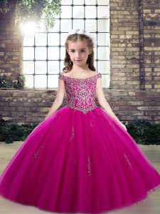 Amazing Beading Pageant Dress for Teens Fuchsia Lace Up Sleeveless Floor Length